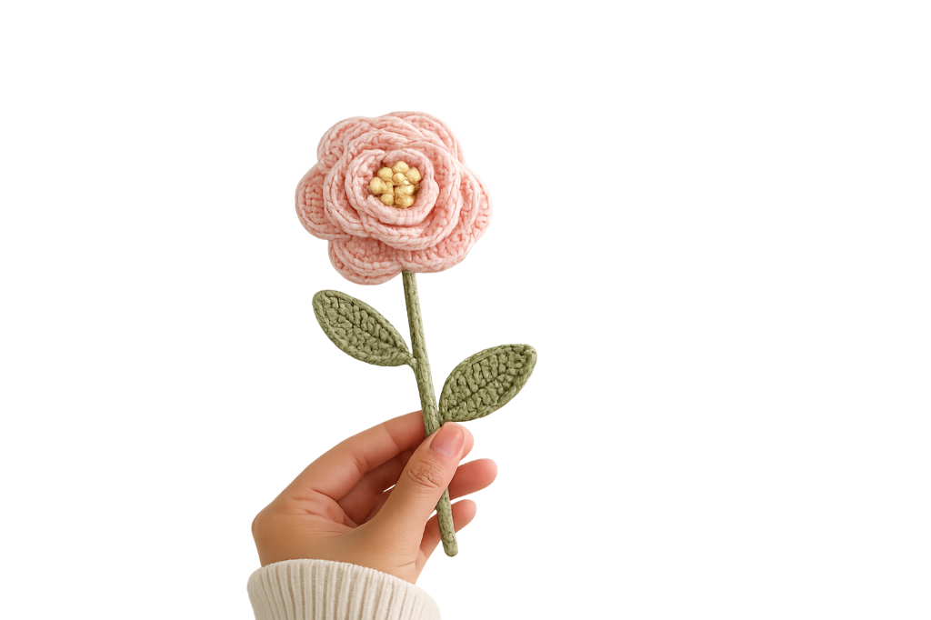 Hand holding a pink crochet rose — Purl Studio